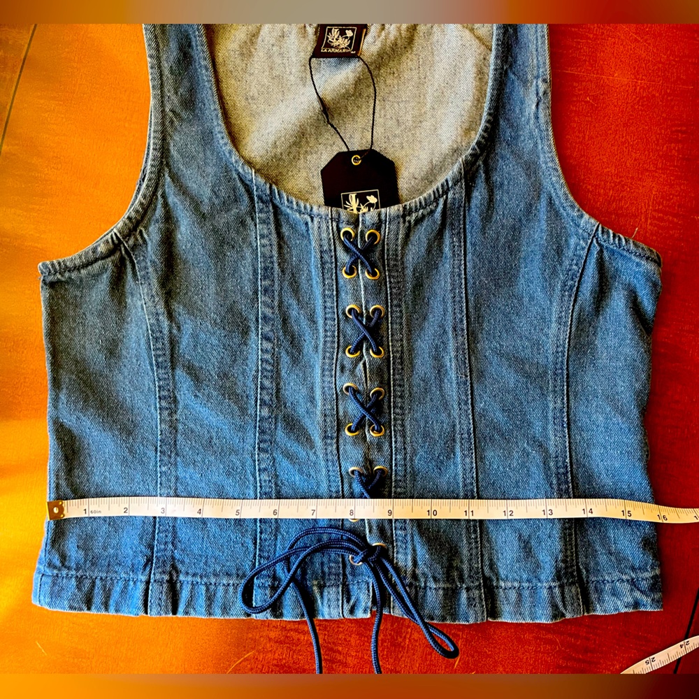 La Armario denim lace-up vest top with blue strings in front. Blue. Size M. NWT - Picture 10 of 11